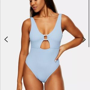 Topshop Blue Crinkle Ring Cut Out Swimsuit